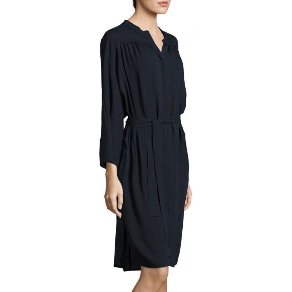 Vince Silk Shirred Belted Navy Shirt Dress